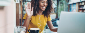 Young African ethnicity woman in a video conference stock photo